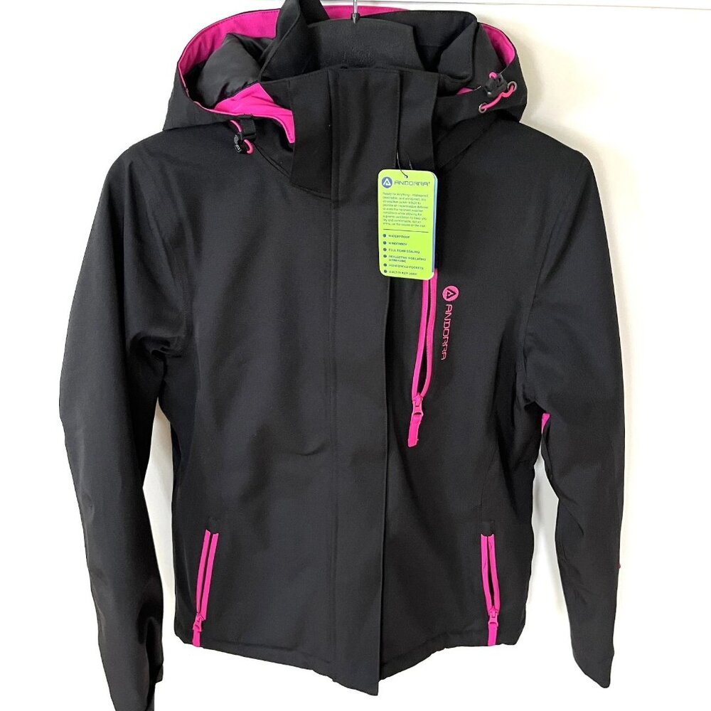 Andorra Black Hot Pink Trim Hooded Waterproof Winter Ski Jacket Size Small